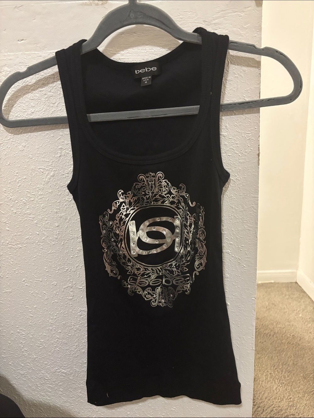 bebe Black Tank with Metallic Silver Crest Detail